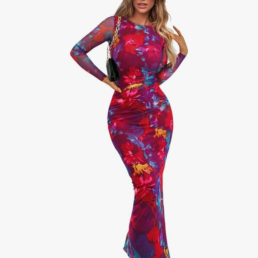 Source Unknown Vibrant Floral Long Sleeve Dress